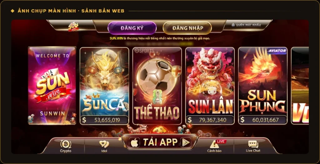 Sảnh web Sunwin với nút Đăng ký, Đăng nhập và Quên mật khẩu