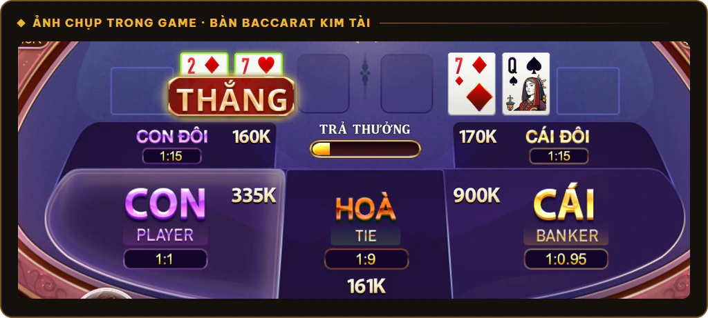 Bàn Baccarat Kim Tài trên Sunwin với cửa Con, Cái, Hòa, Con Đôi, Cái Đôi