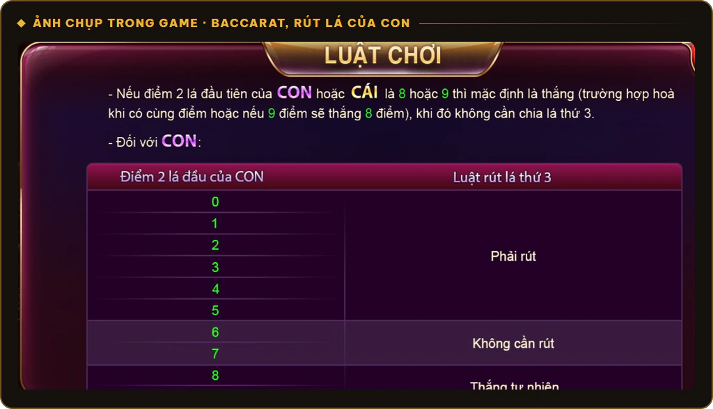 Luật rút lá thứ 3 của Con trong Baccarat Kim Tài Sunwin