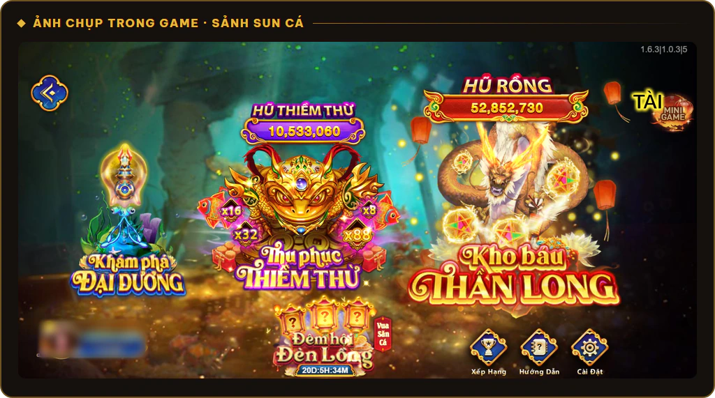 Sảnh Sun Cá trên Sunwin với ba khu Khám phá Đại Dương, Thu phục Thiềm Thừ và Kho báu Thần Long
