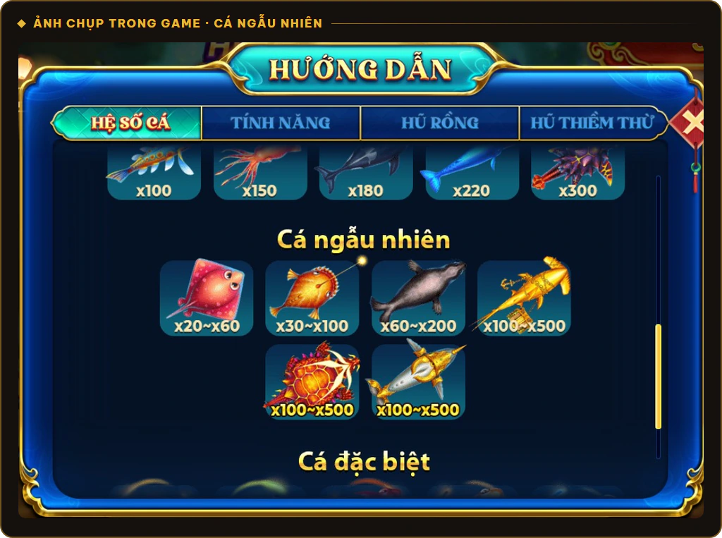 Nhóm cá ngẫu nhiên hệ số tới x500 trong game bắn cá Sun Cá Sunwin