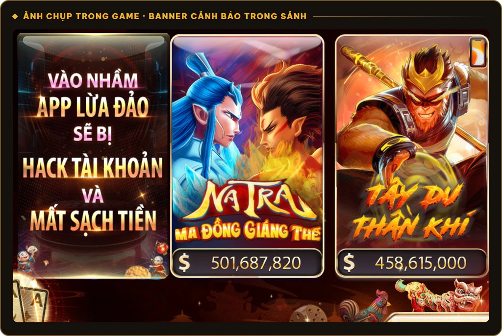Banner cảnh báo vào nhầm app lừa đảo sẽ bị hack tài khoản trong sảnh game Sunwin