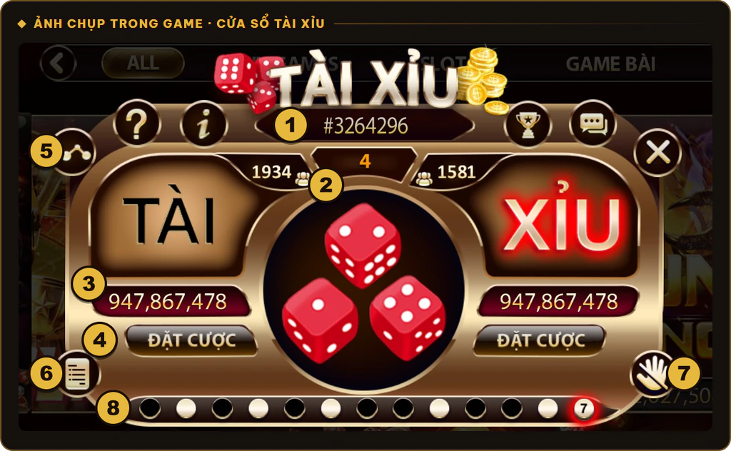 Cửa sổ Tài Xỉu trong sảnh game Sunwin với cửa Tài, Xỉu và nút Đặt cược