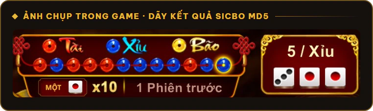 Dãy kết quả gần nhất bàn Sicbo MD5 Sunwin, đỏ là Tài, xanh là Xỉu, vàng là Bão