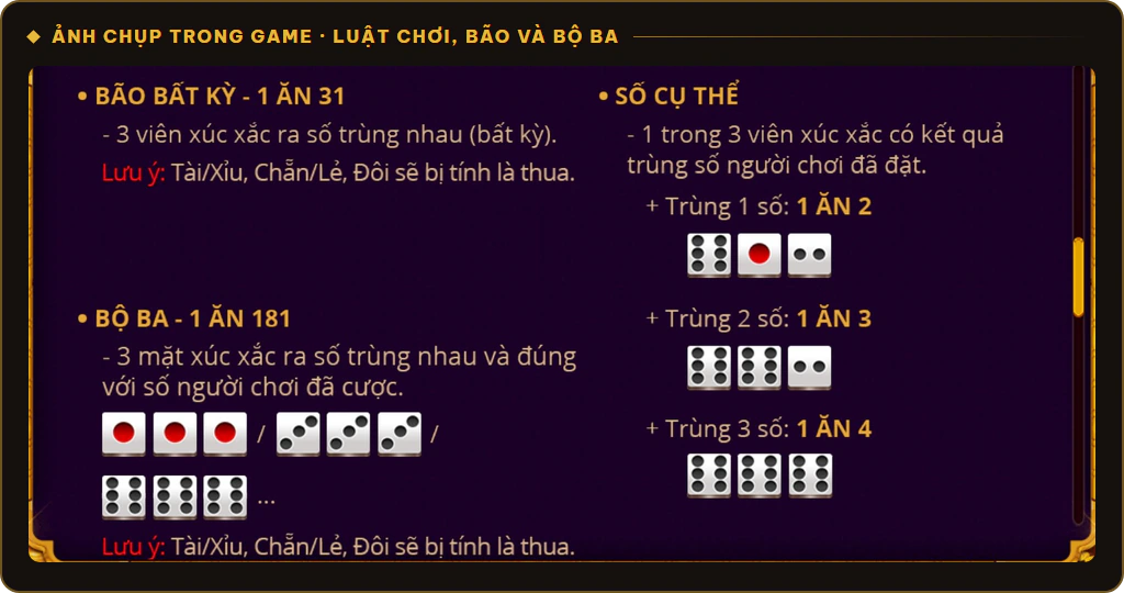 Luật Bão bất kỳ, Số cụ thể và Bộ ba bàn Sicbo Sunwin, lưu ý Tài Xỉu, Chẵn Lẻ, Đôi thua khi ra bão