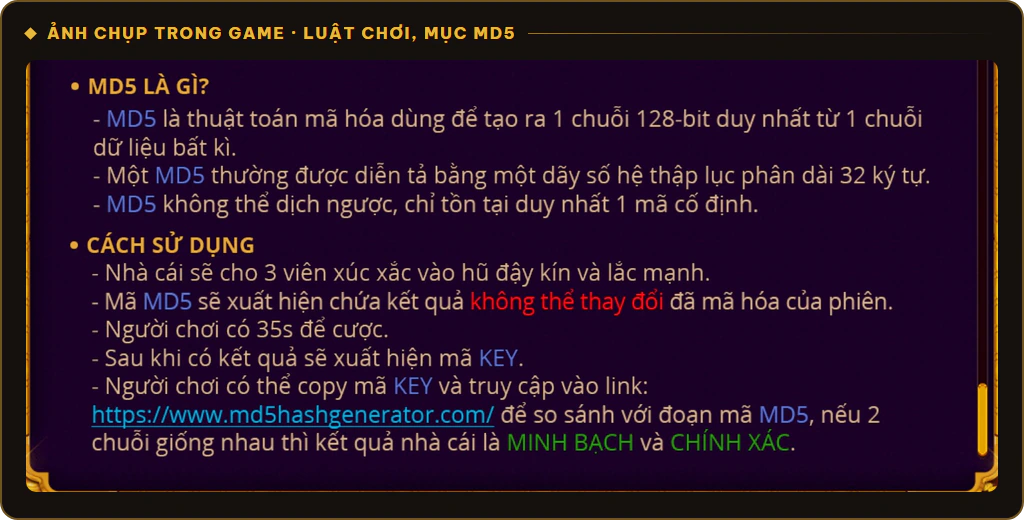 Luật MD5 bàn Sicbo Tài Phú MD5 giải thích MD5 là gì và cách sử dụng