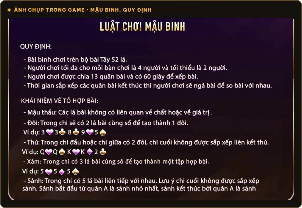 Quy định và tổ hợp bài Mậu Binh Sunwin