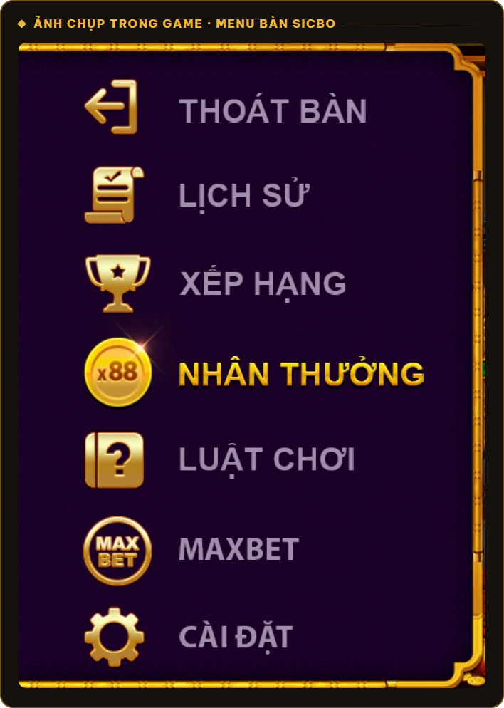 Menu bàn Sicbo Sunwin với các mục Luật chơi, Lịch sử, Maxbet