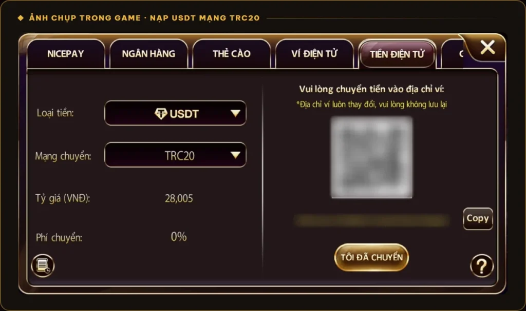 Màn hình nạp USDT mạng TRC20 trong game Sunwin