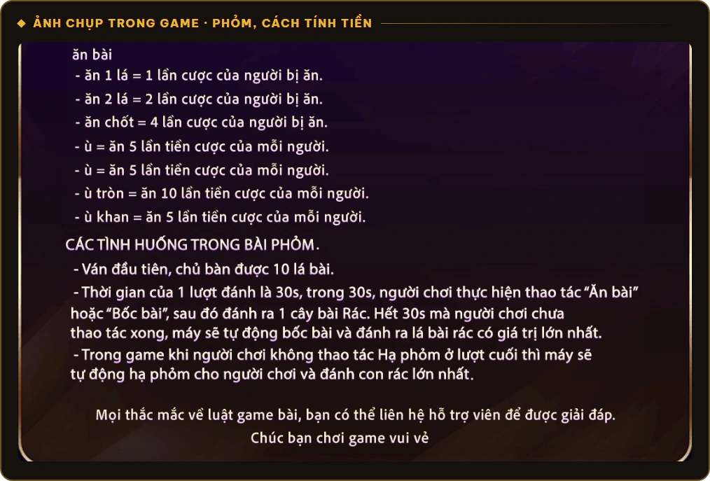 Bảng tính tiền Phỏm Sunwin gồm ăn bài, ăn chốt, ù, ù tròn