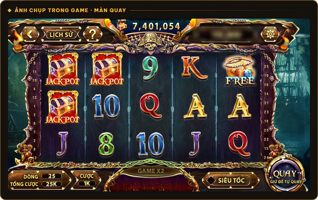 Màn quay Pirate King Sunwin 5 cột 3 hàng với 25 dòng thưởng