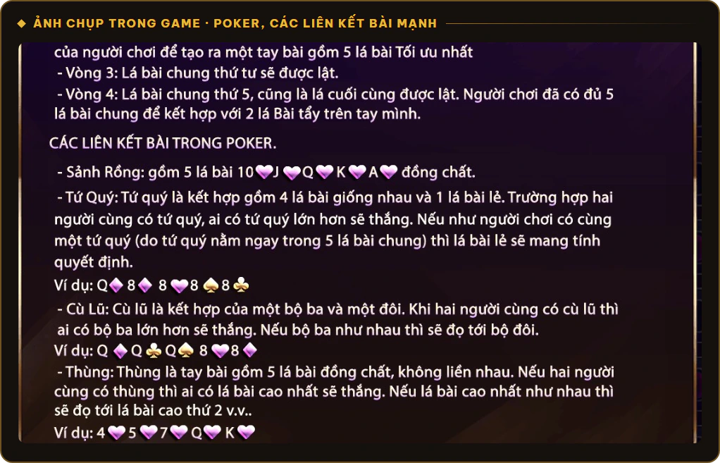 Các liên kết bài Poker Sunwin gồm Sảnh Rồng, Tứ Quý, Cù Lũ và Thùng