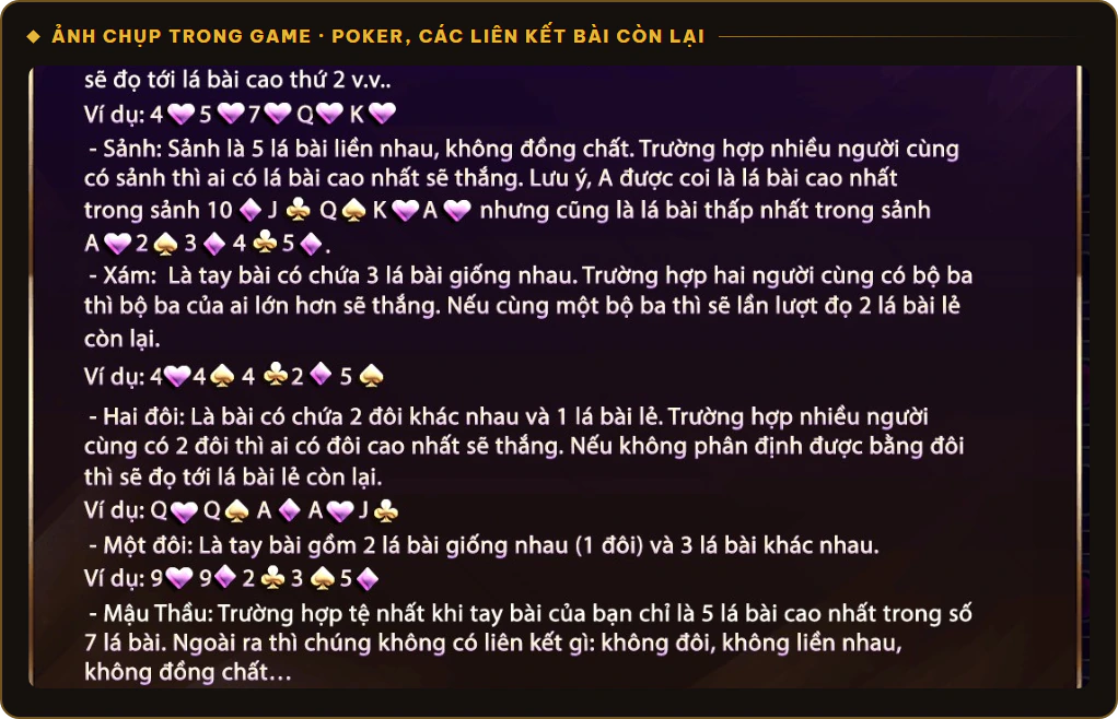 Các liên kết bài Poker Sunwin gồm Sảnh, Xám, Hai đôi, Một đôi và Mậu Thầu