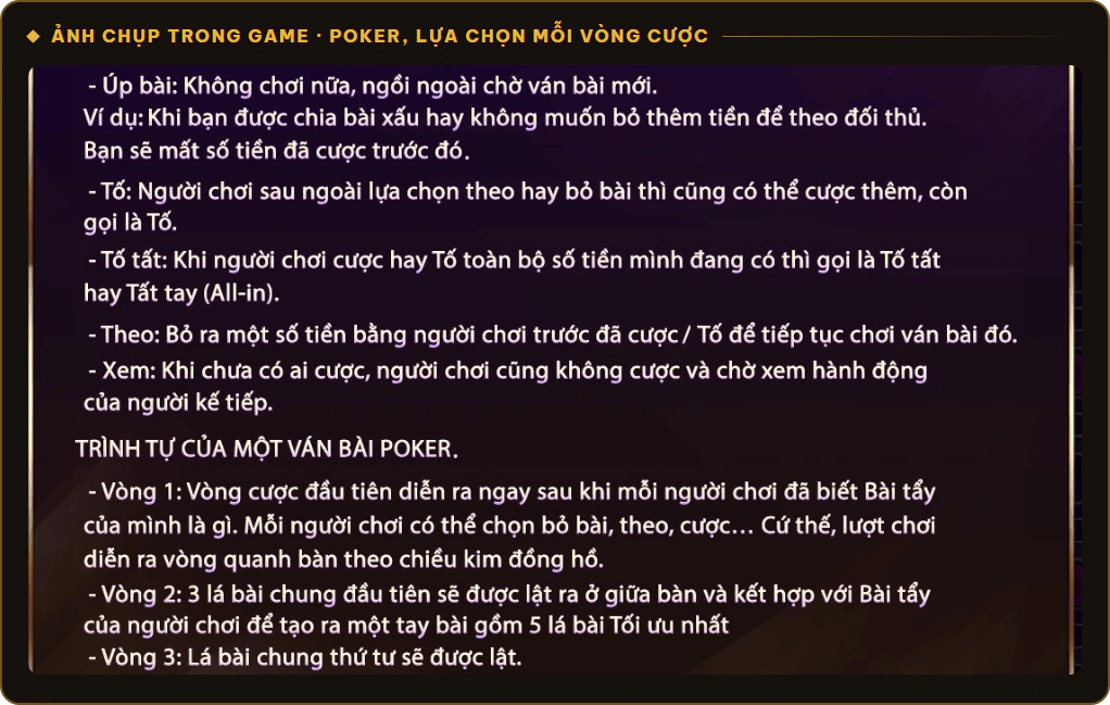 Các lựa chọn Úp bài, Tố, Tố tất, Theo, Xem ở mỗi vòng cược Poker Sunwin