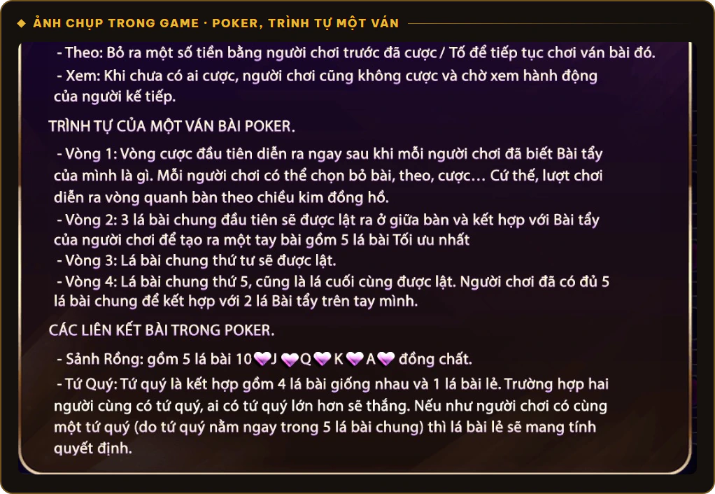 Trình tự 4 vòng của một ván Poker Sunwin và liên kết Sảnh Rồng, Tứ Quý