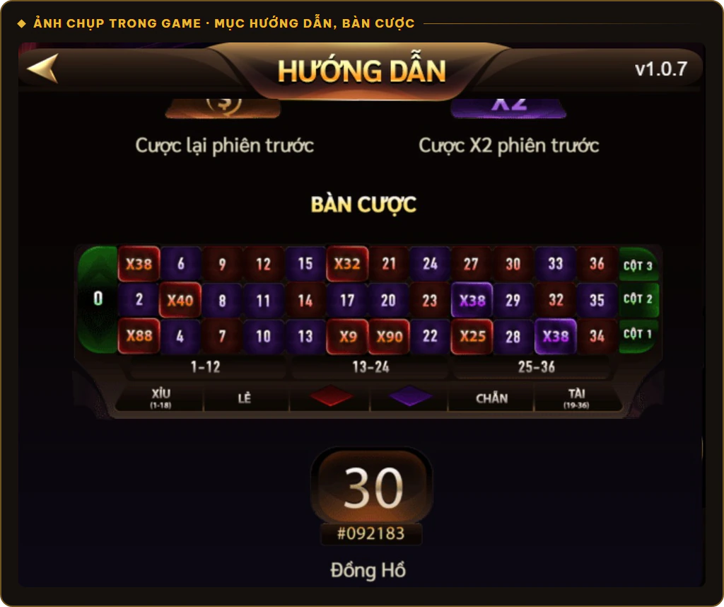 Bàn cược Roulette có ô gắn hệ số X và đồng hồ đếm ngược kèm mã phiên