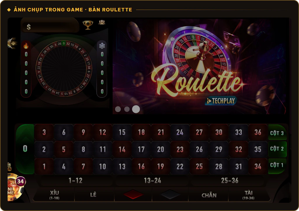 Bàn Roulette Sunwin với số 0, các số 1 tới 36 và các cửa Tài, Xỉu, Chẵn, Lẻ, Đỏ, Đen
