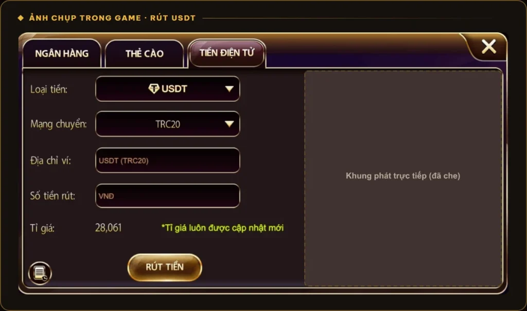 Màn hình rút USDT mạng TRC20 trong game Sunwin