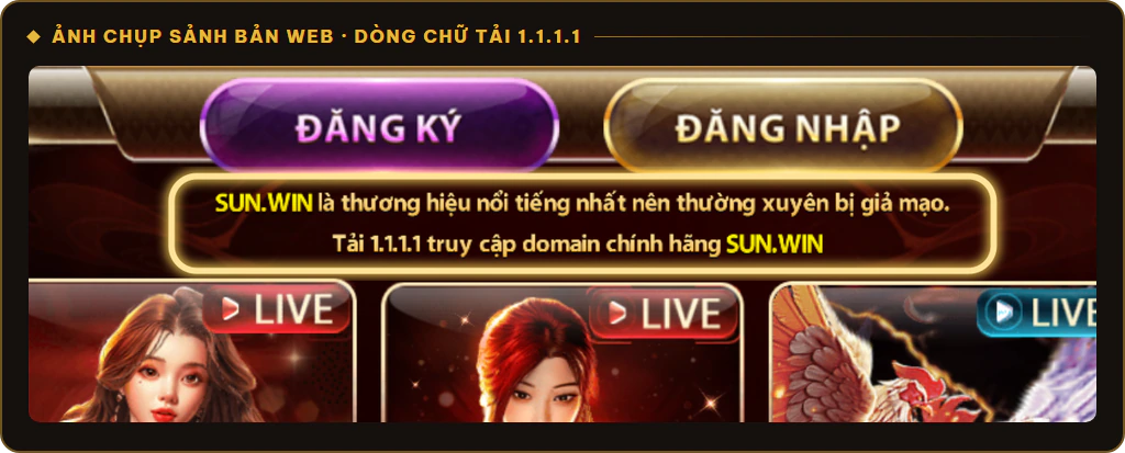 Dòng chữ trên sảnh bản web Sunwin hướng dẫn tải 1.1.1.1 để truy cập trang chính hãng