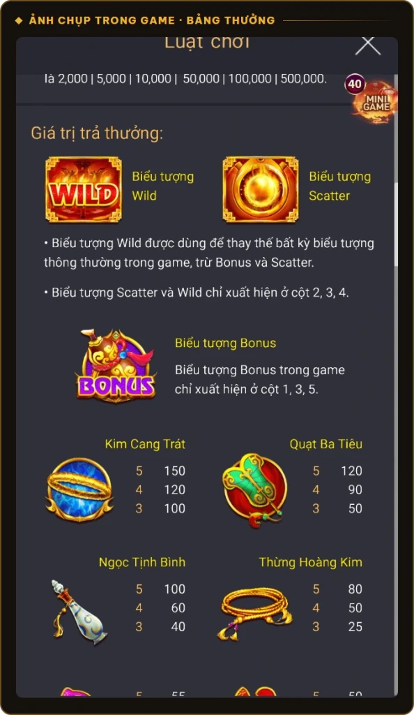 Biểu tượng Wild, Scatter, Bonus và bảng thưởng Tây Du Thần Khí