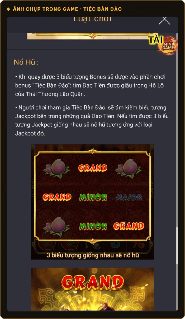 Phần chơi Tiệc Bàn Đào nổ hũ Grand, Major, Minor trong Tây Du Thần Khí