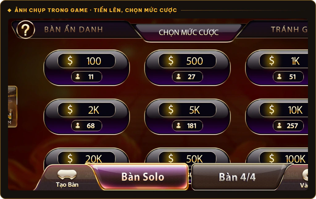 Màn chọn mức cược bàn Tiến Lên Miền Nam trên Sunwin, từ 100 tới 100K