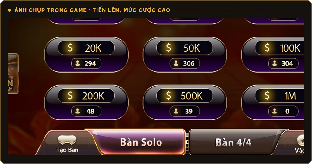 Các mức cược cao bàn Tiến Lên Miền Nam trên Sunwin, từ 20K tới 1M