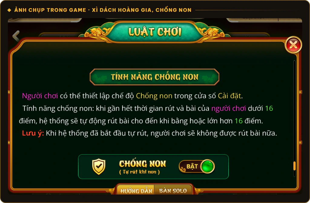 Tính năng Chống non tự rút bài khi dưới 16 điểm trong Xì Dách Hoàng Gia Sunwin