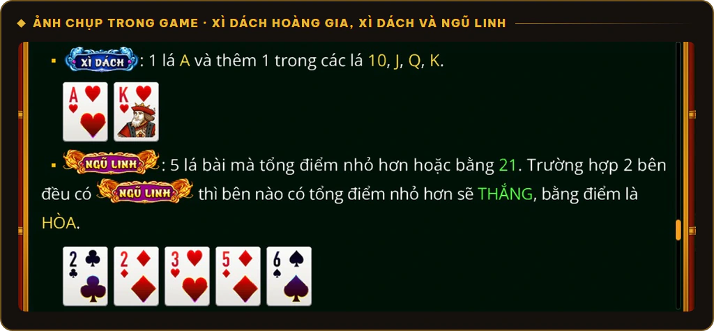 Bài Xì Dách và Ngũ Linh trong mục Luật chơi Xì Dách Hoàng Gia Sunwin