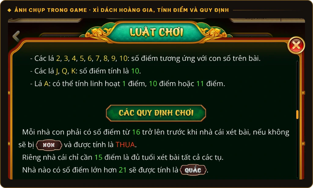 Cách tính điểm và quy định non, quắc trong Xì Dách Hoàng Gia Sunwin