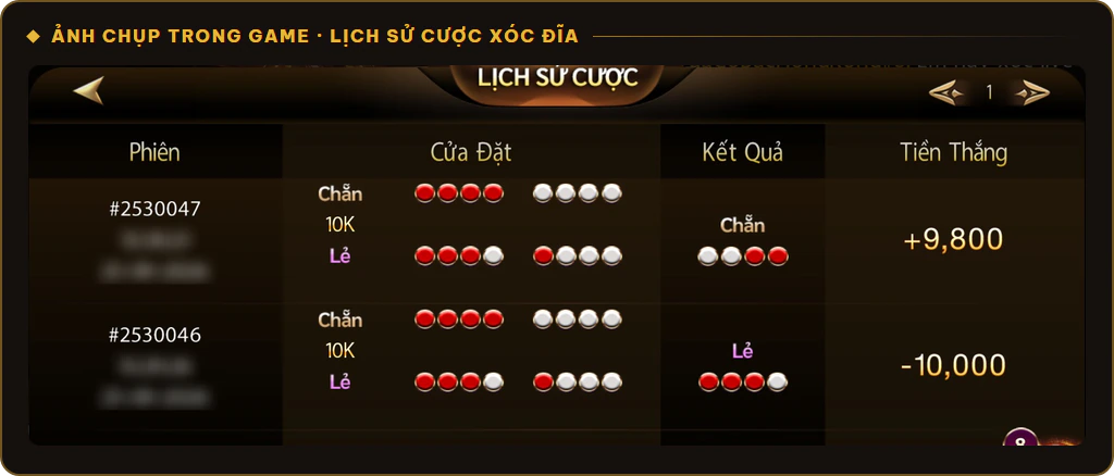 Lịch sử cược Xóc Đĩa Sunwin, cược 10K cửa Chẵn, ván thắng ghi +9.800